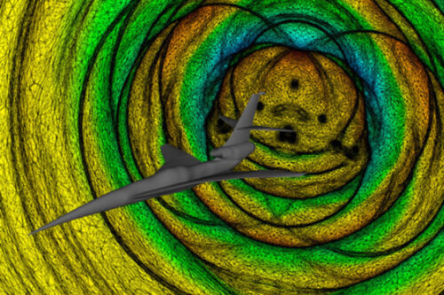 Simulation d'un avion supersonique.Dans le fond de l’image, on voit l'adaptation du maillage sur les ondes de choc émises par l'avion