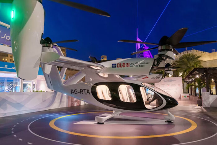 Joby’s electric air taxi on display at the World Governments Summit in Dubai. Joby Aviation photo