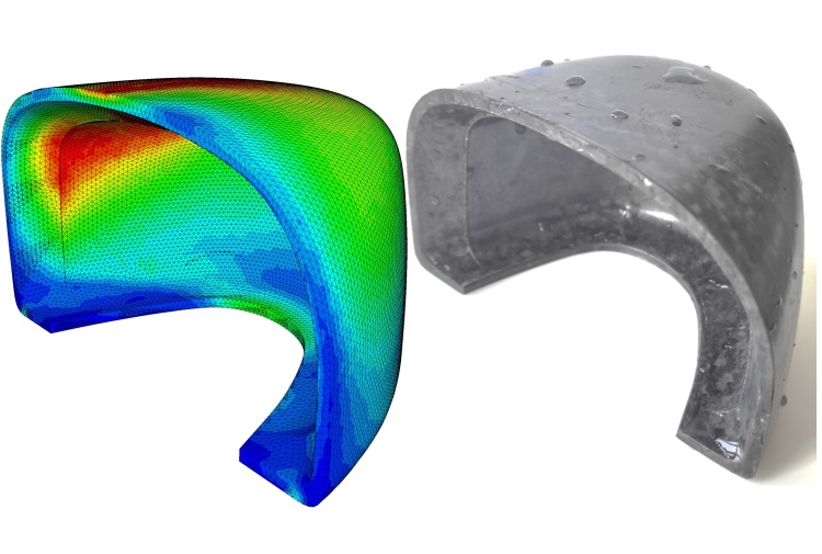 Safety shoe toe cap manufactured with a recycled carbon fibre prepreg; structural simulation (left), physical prototype (right) 